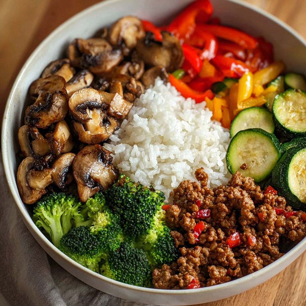 Spicy Ground Beef Stir-Fry Bowl with Garlic Veggies & Steamy Rice