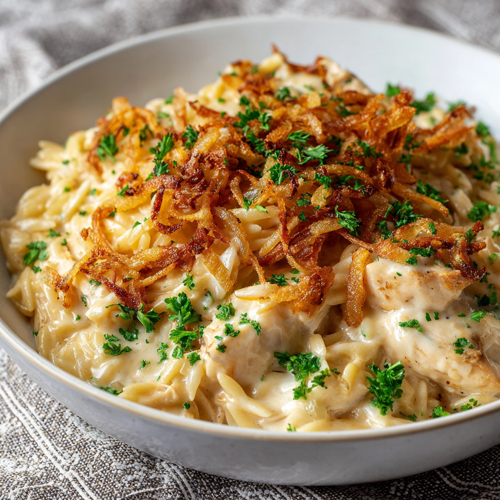 French Onion Chicken Orzo Casserole