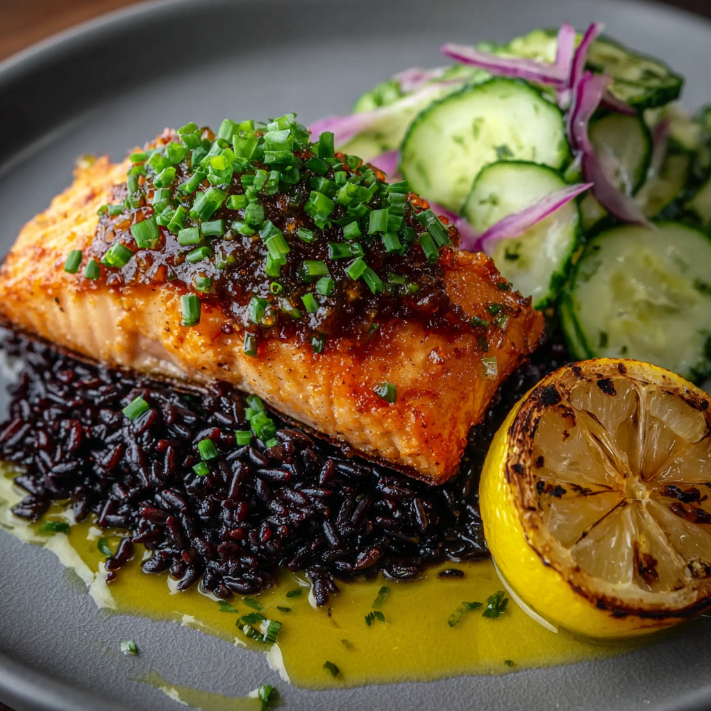 Miso Salmon with Black Rice and Coconut Cucumber Salad