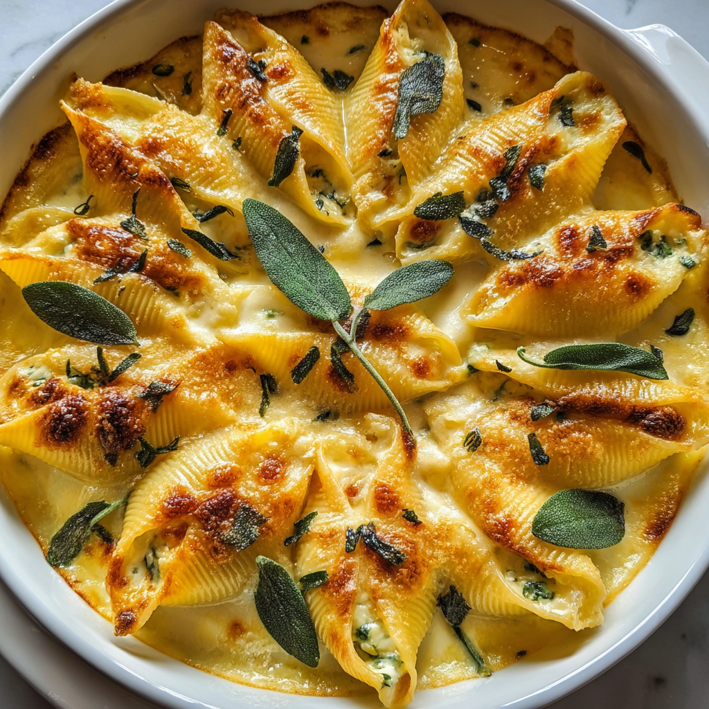 Pumpkin & Gouda Stuffed Shells with Brown Butter-Sage Alfredo Sauce