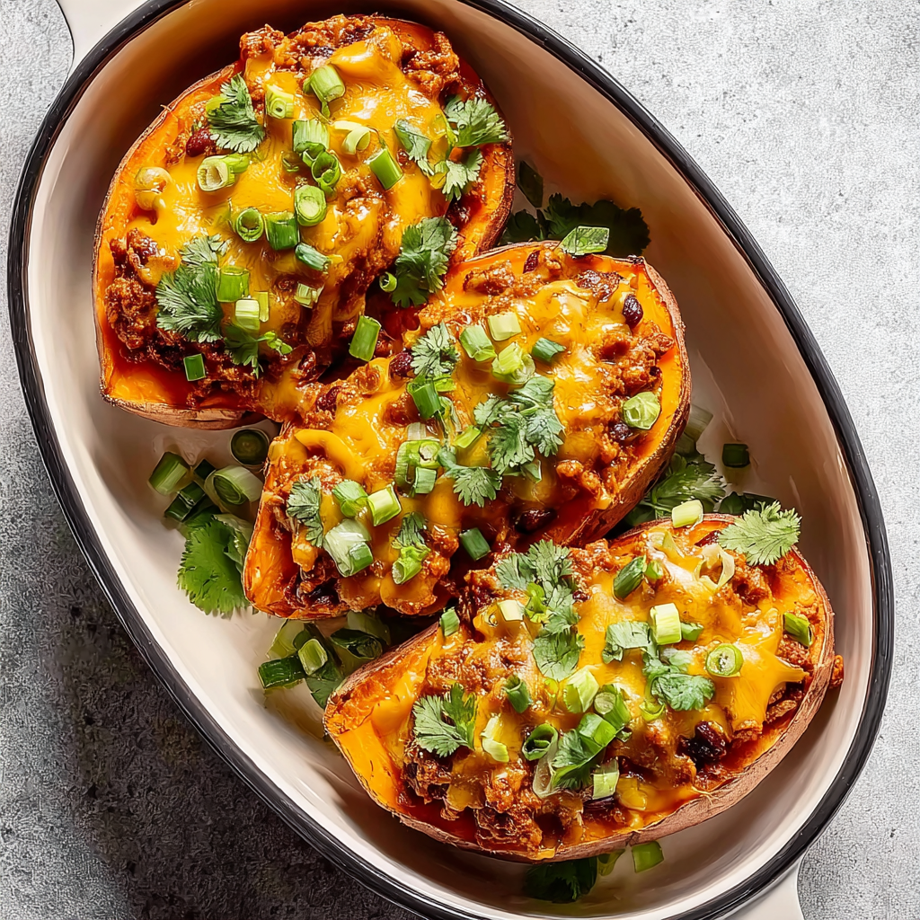 Turkey Chili–Smothered Sweet Potatoes