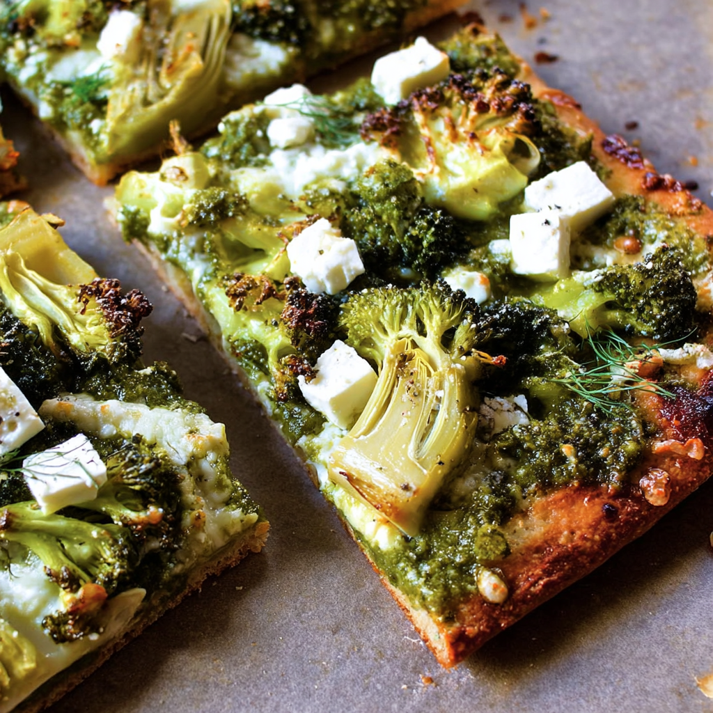 Green Pizza with Pesto, Feta, Artichokes & Broccoli