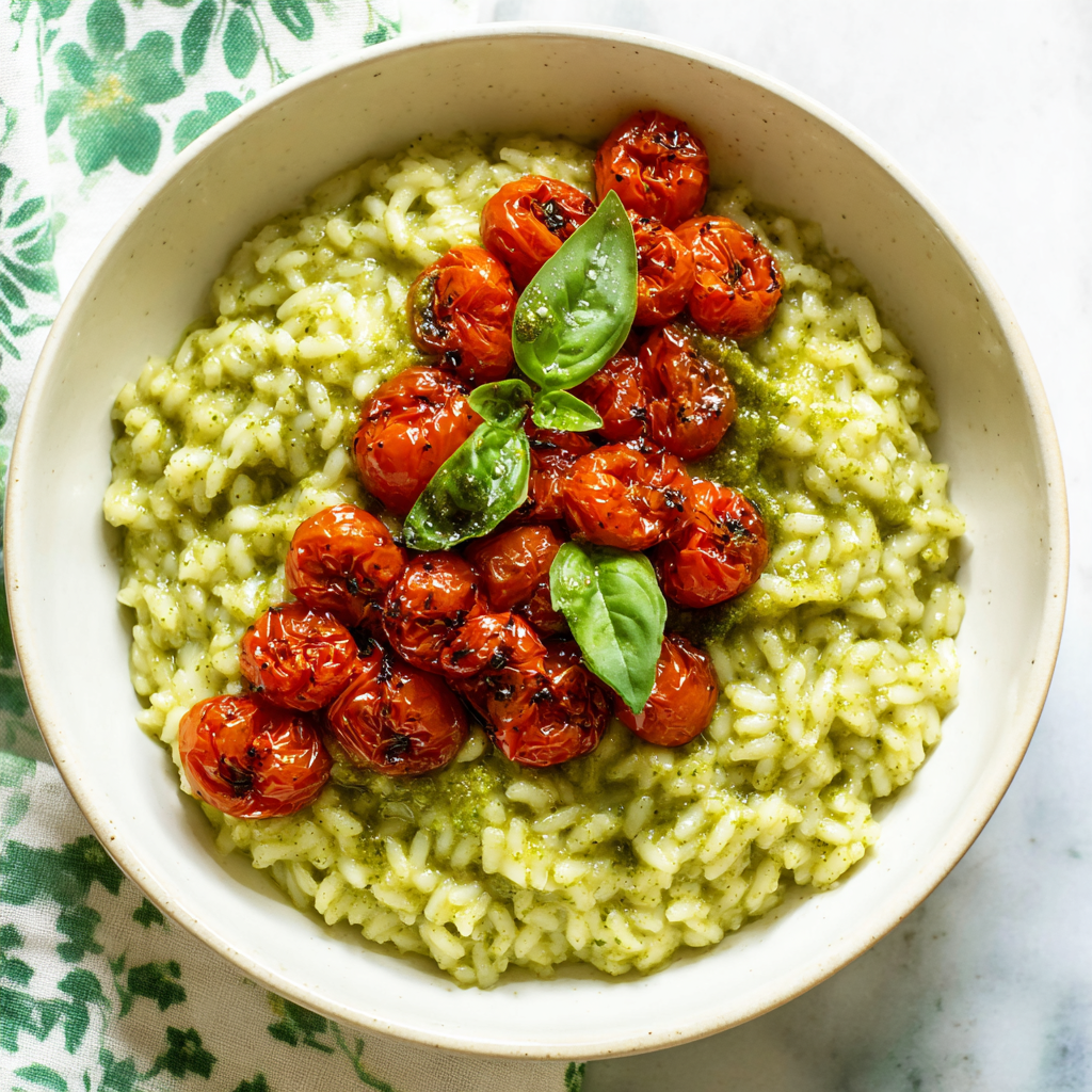 Creamy Pesto Risotto with Roasted Tomatoes