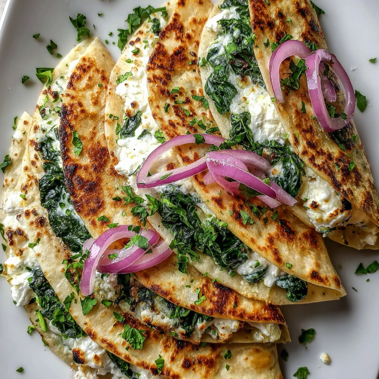 Mediterranean Quesadillas with Spinach Feta Mozzarella and Red Onion