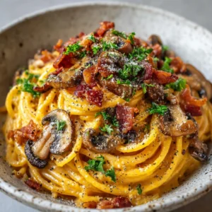 Pumpkin & Mushroom Spaghetti with Crispy Bacon