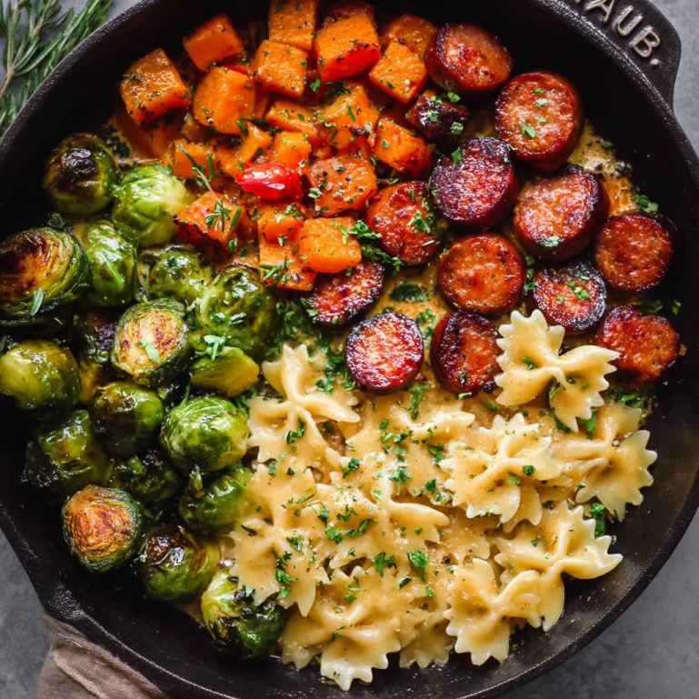 Autumn Dinner with Sausage, Pasta, Brussels Sprouts, and Butternut Squash