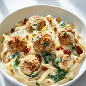 Baked Chicken Ricotta Meatballs with Spinach Alfredo Sauce