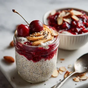 Healthy Overnight Oats with Cherry Chia Seed Jam