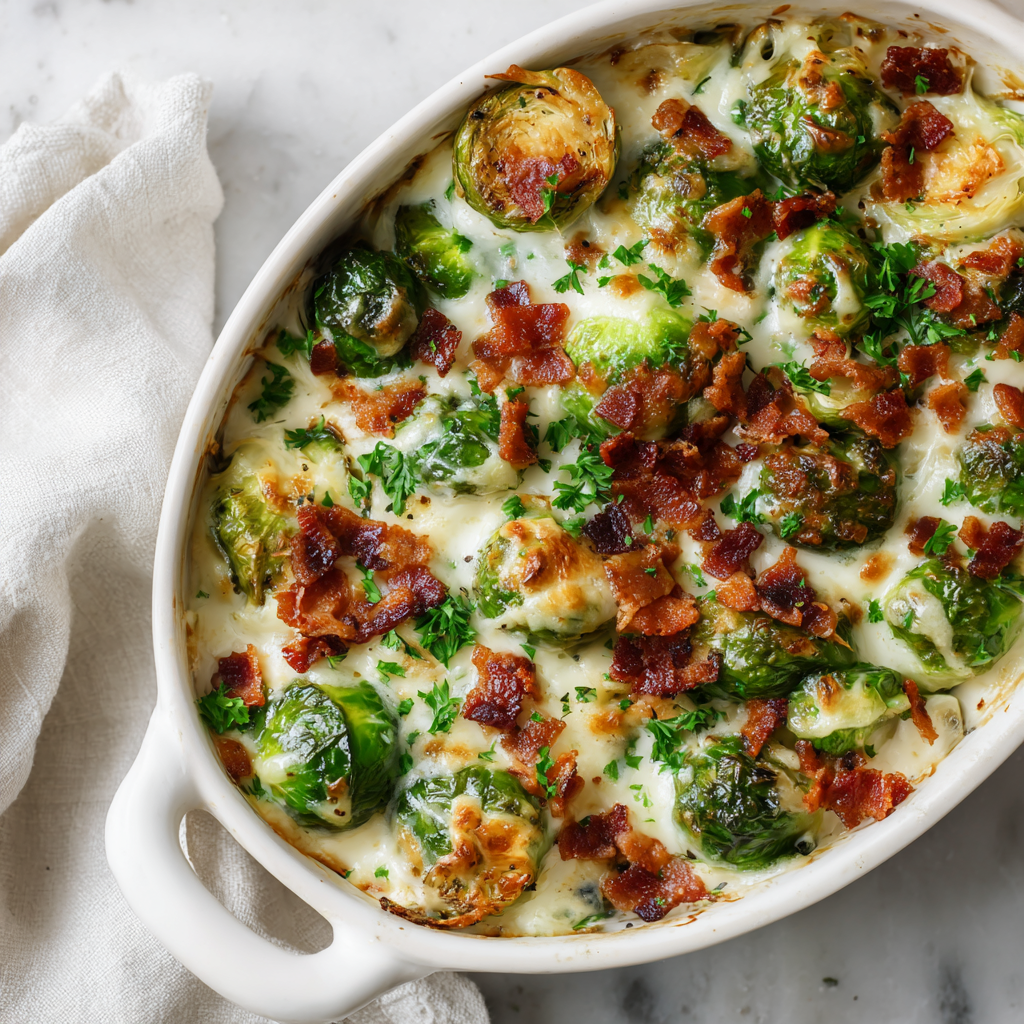 Keto Cheesy Bacon Brussels Sprouts Casserole