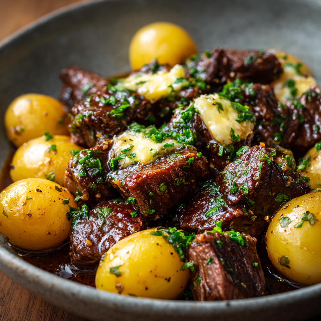 Slow Cooker Garlic Butter Beef Bites & Potatoes