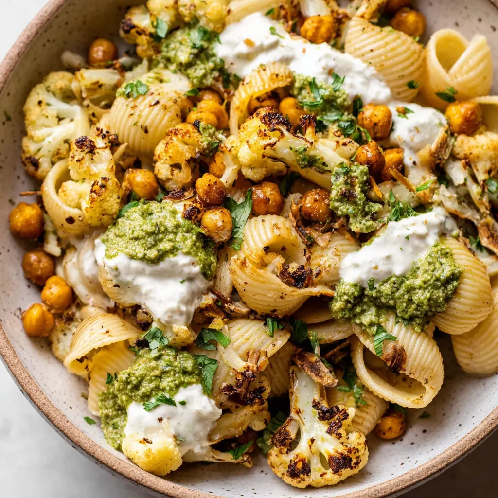 Roasted Cauliflower and Chickpea Pesto Pasta