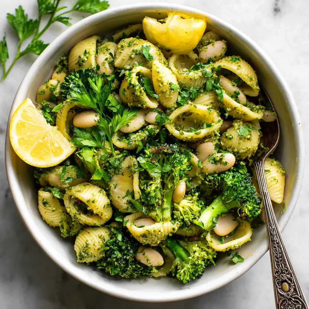 Pesto Pasta with Broccoli and White Beans